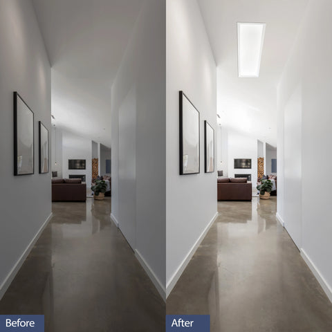 Be1200x400mm SolarLight before and after installation in hallway
fore and After Rectangle Hallway light