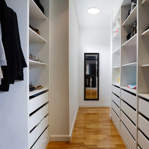 Modern walk-in closet with a large round solar light Kit