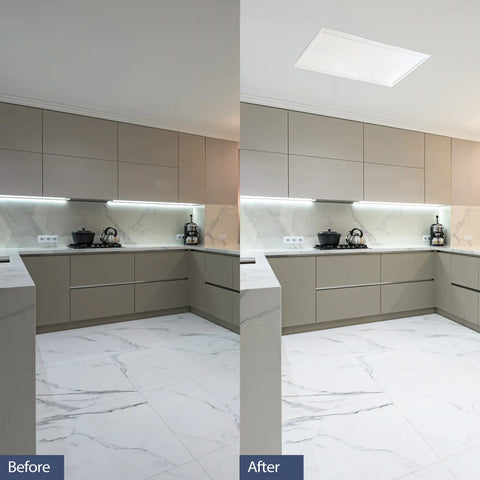600x300mm SolarLight before and after installation in kitchen
