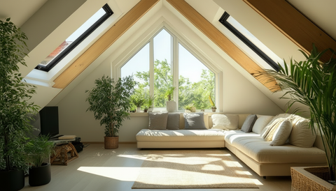 Attic living room with a large roof windows