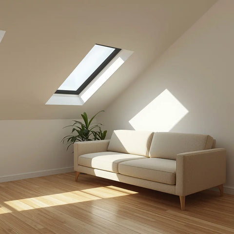 Minimalist living room with a roof window