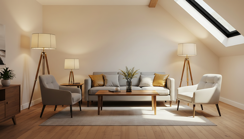Modern grey living room with roof window