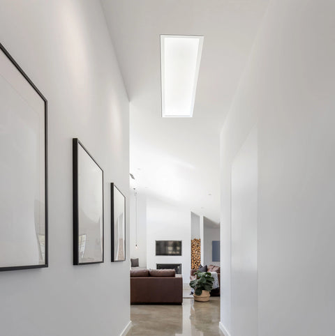 Daylight-feel ceiling light designed for dark interior spaces in hallway