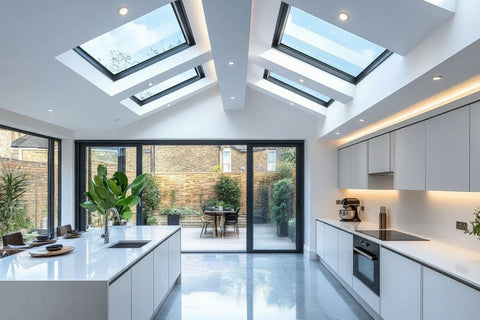 Modern kitchen with white cabinets, a large island, and a view of the garden with roof windows.