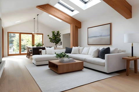Modern white living room with roof windows