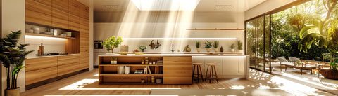 Modern wood kitchen with a large roof window