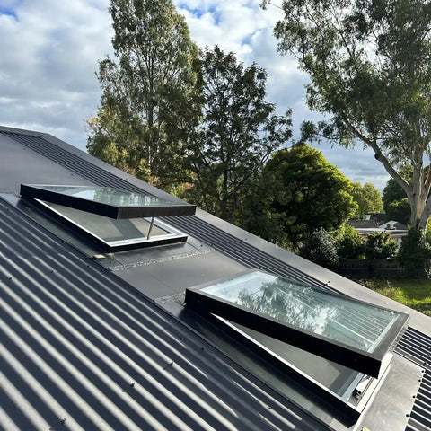 Roof windows in corrugated iron roof exterior