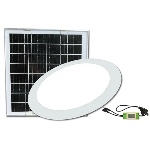 Solar panel and LED light fixture on a white background