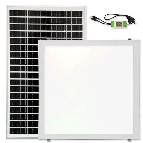 Solar panel and LED light panel on a white background