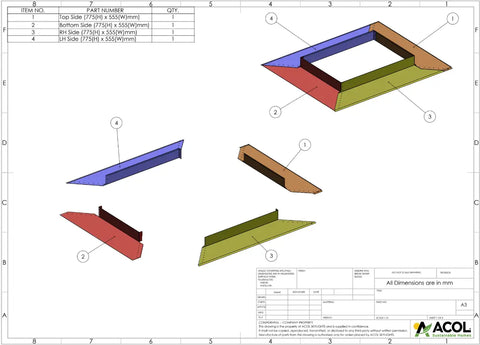 Technical drawing of custom-made flashing tray for roof window installation